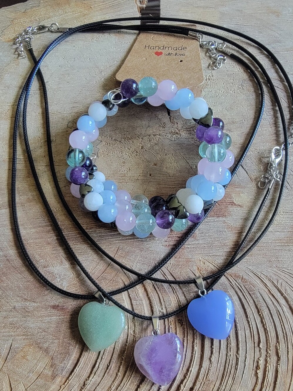 Handcrafted Set Of 4 Multi-stone Wire Wrap Bracelet & Heart Pendants